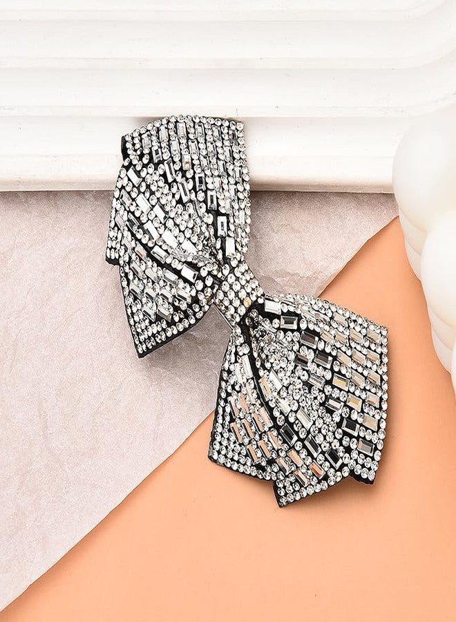 Kefley Rhinestone Bow Hair Barrette Bling Bowknot Clips Hairpin Silver White Crystal Barrettes Decorative Ponytail Holders Glittering Rhinestone Hair Bows Metal French Barrette - Image 3